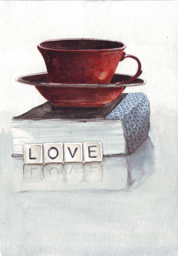 Original Watercolor Painting Red Black Tea Cup Blue Book