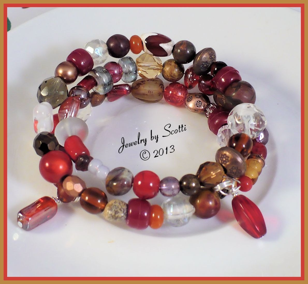 Red Glass Wood Gemstone Crystal Metal Coil Bracelet OOAK