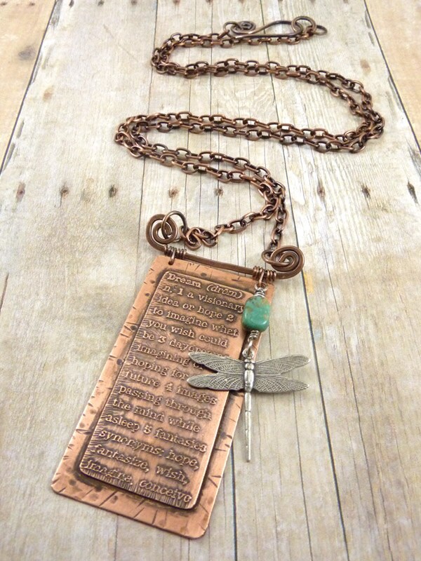 Dream Etched Copper Necklace Dictionary Definition Words