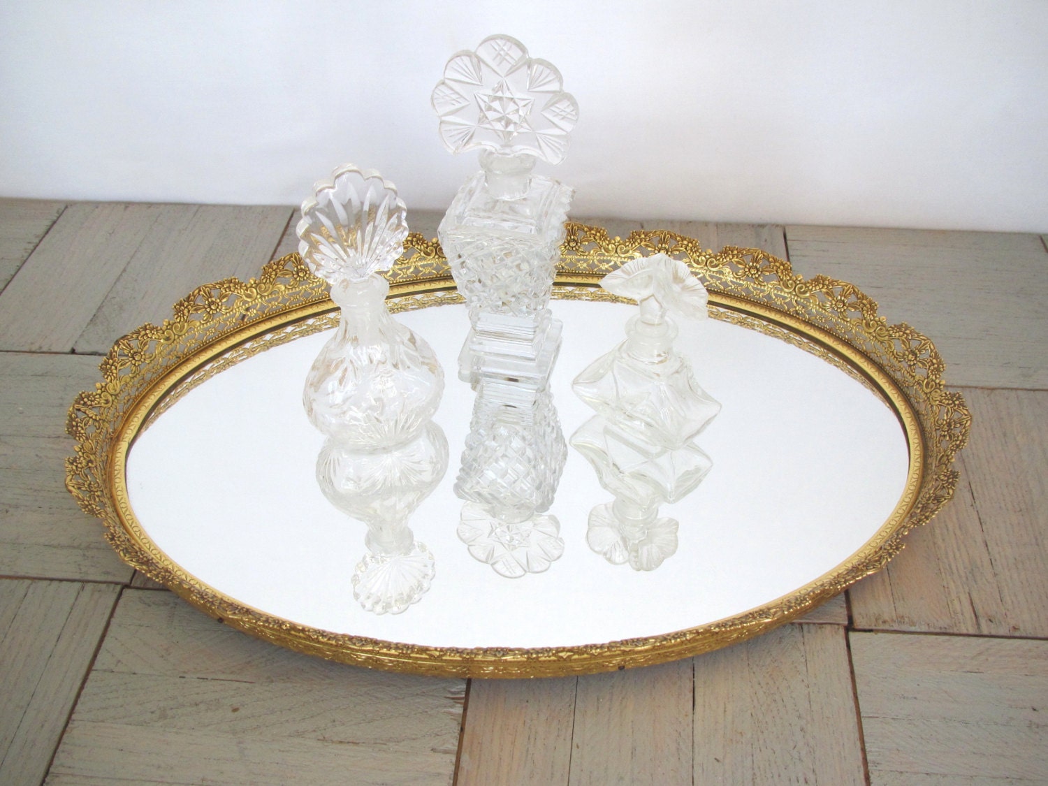 Vintage gold mirror tray / ornate gold tray / vanity