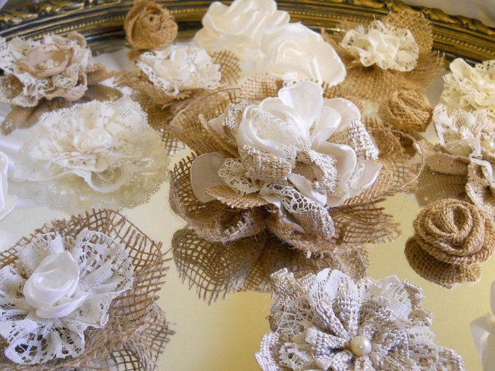 20 Handmade Natural Burlap & Ivory Lace Flowers for weddings
