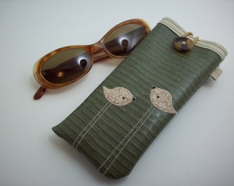 Sunglass or eyeglass case green with tan birds