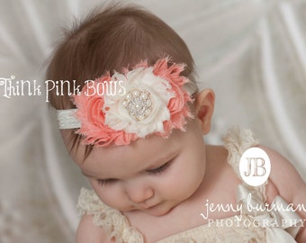 Baby headband,Newborn Headband, Baby girl Headband,Shabby chic Headband, Baby Headbands,Headband,Ivory Headband,Peach Headband,Hair Bows.