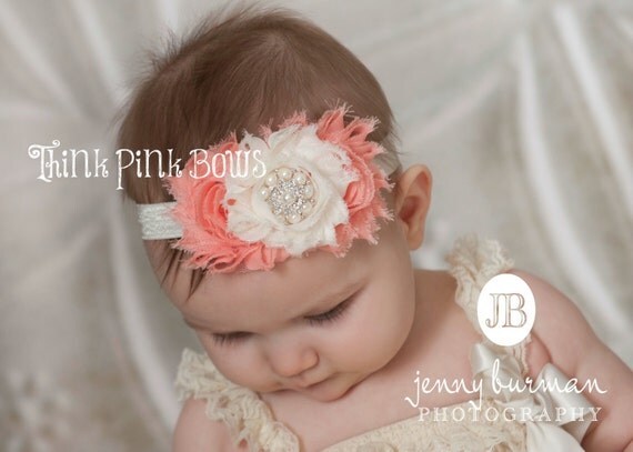 Baby headband,Newborn Headband, Baby girl Headband,Shabby chic Headband, Baby Headbands,Headband,Ivory Headband,Peach Headband,Hair Bows. by ThinkPinkBows