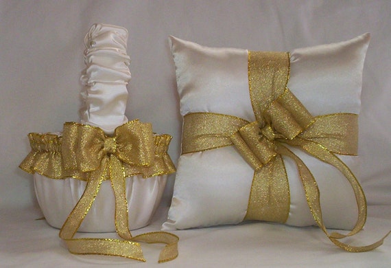 Ivory Cream Satin With Gold Metalic  Ribbon Trim Flower Girl Basket And Ring Bearer Pillow