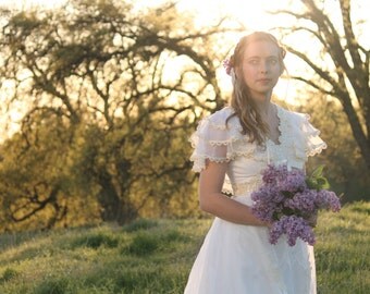 WHIMSICAL Vintage 1970's Wedding Dress Maxi Bridal gown with Train Romantic Flutter Sleeve