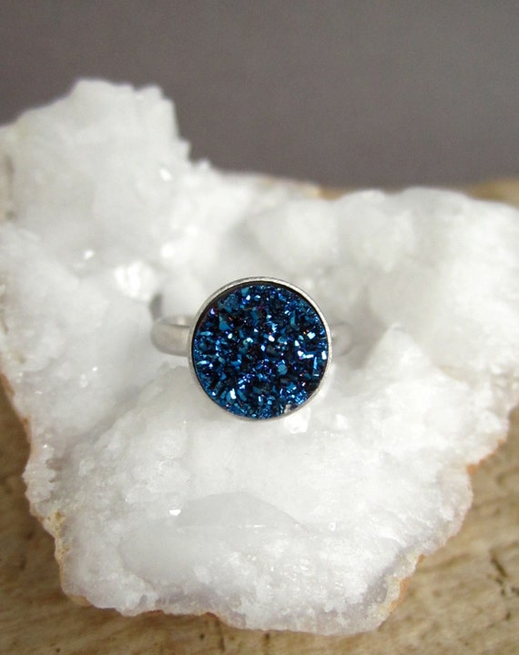 Adjsutable Blue Druzy Ring in Sterling Silver
