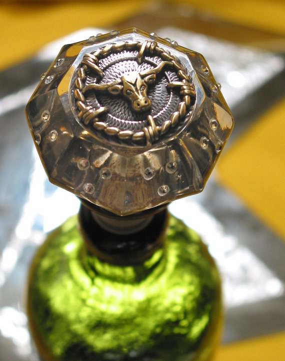 Vintage Glass Door Knob Bottle Stopper Topper LONGHORN Button