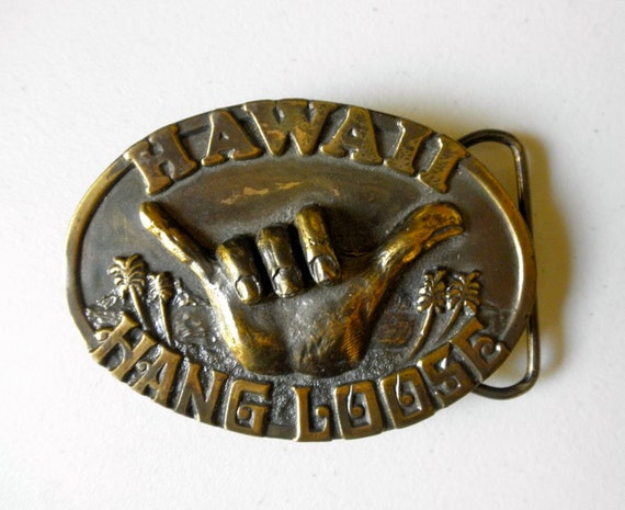 Vintage Hawaii Hang Loose Brass Belt Buckle // 1984 by JackpotJen