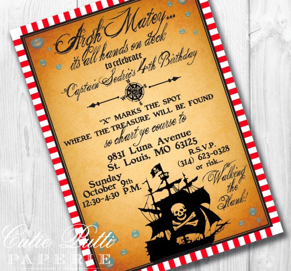 Pirate Birthday Invitations, Printable Custom Invitations by Cutie Putti Paperie Il_570xn