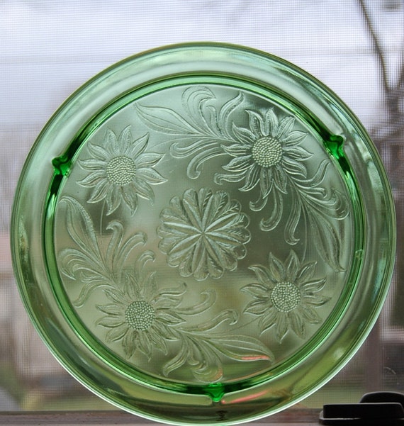 Sunflower Green Depression Glass Cake Plate