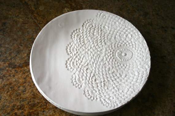 Items similar to White lace ceramic dinner plate on Etsy