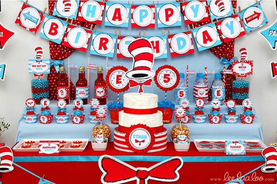 Dr Seuss Birthday Party Package Collection Set Mini Personalized Printable // Red Hat Cat - B20Pz1