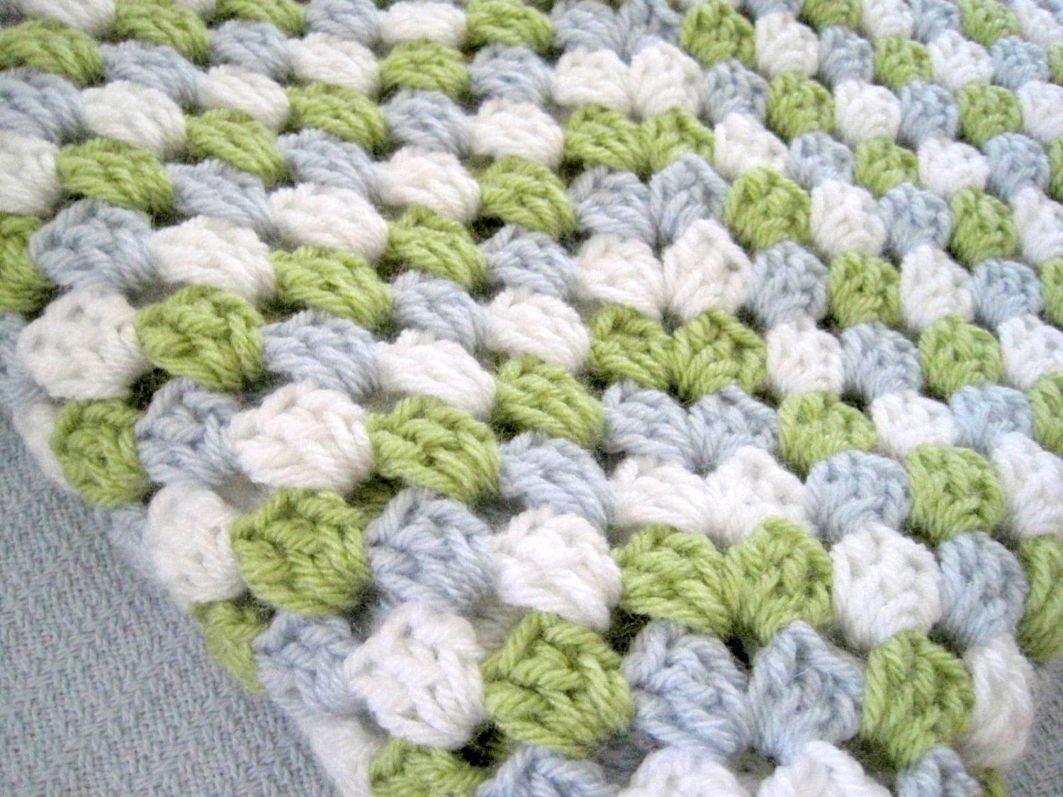 Crochet baby blanket blue green white granny by ArrayOfCrochet