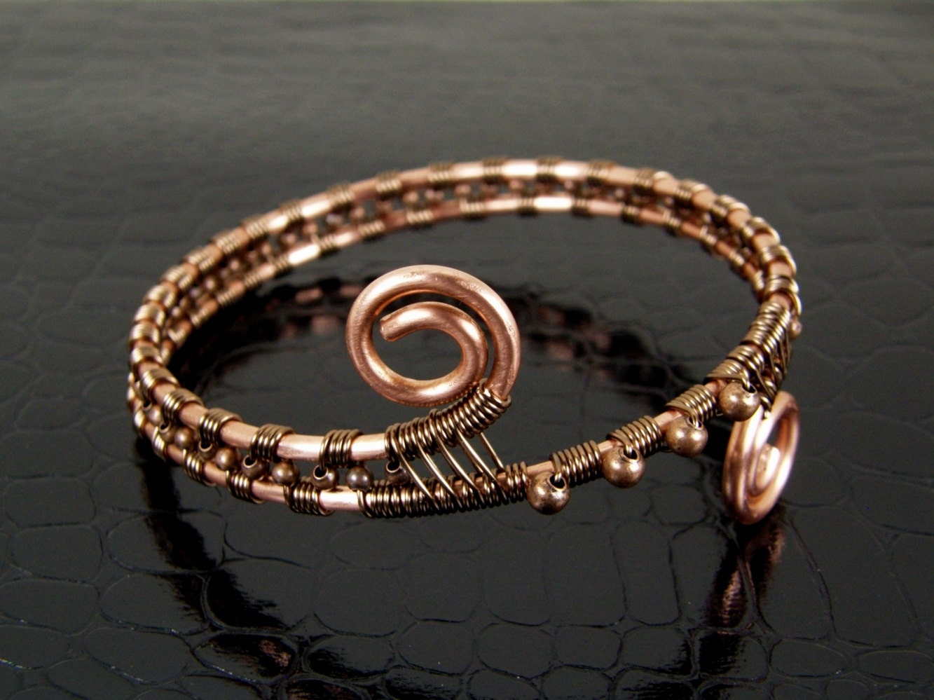 Copper Wire Wrapped Bangle Bracelet Double Beaded by BonzerBeads