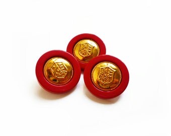 3 Vintage Buttons, Red & Gold French Coat of Arms Buttons