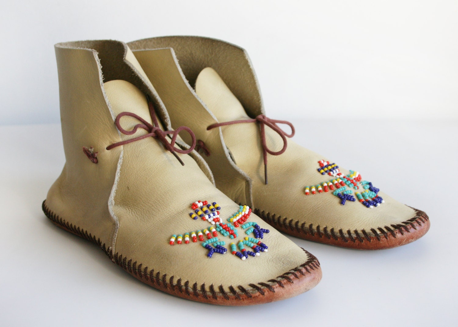 Vintage Native American Leather Moccasins With Glass Beaded