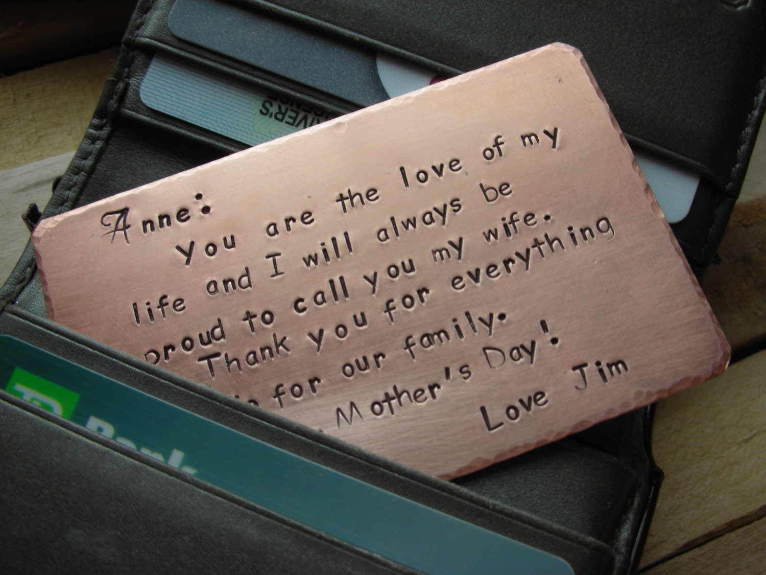 Handstamped Engraved Personalized Custom Wallet Insert