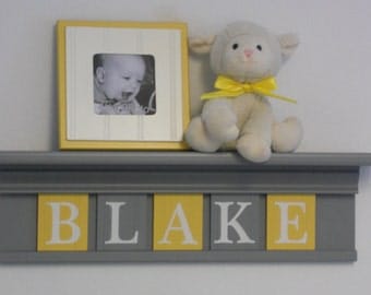 Yellow and Gray Nursery Wall Name Art - Yellow Baby Boy Nursery Decor - Personalized Grey Wood Shelf with Wooden Wall Letters