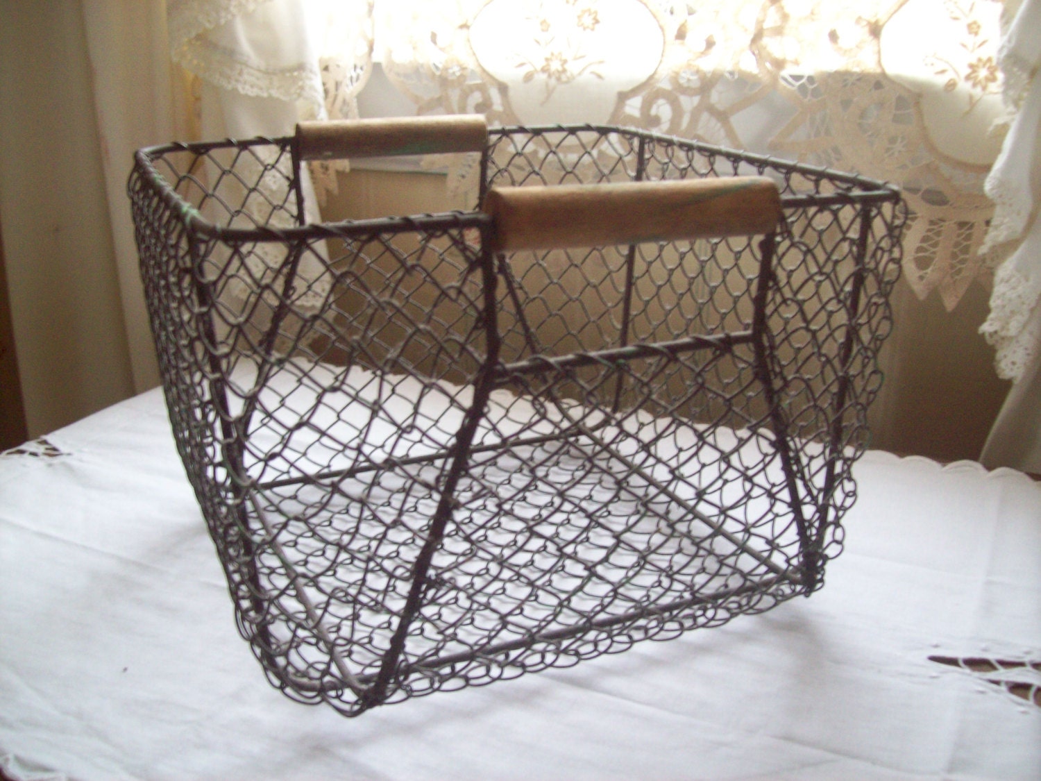 vintage wire basket wood wooden handles chicken wire basket