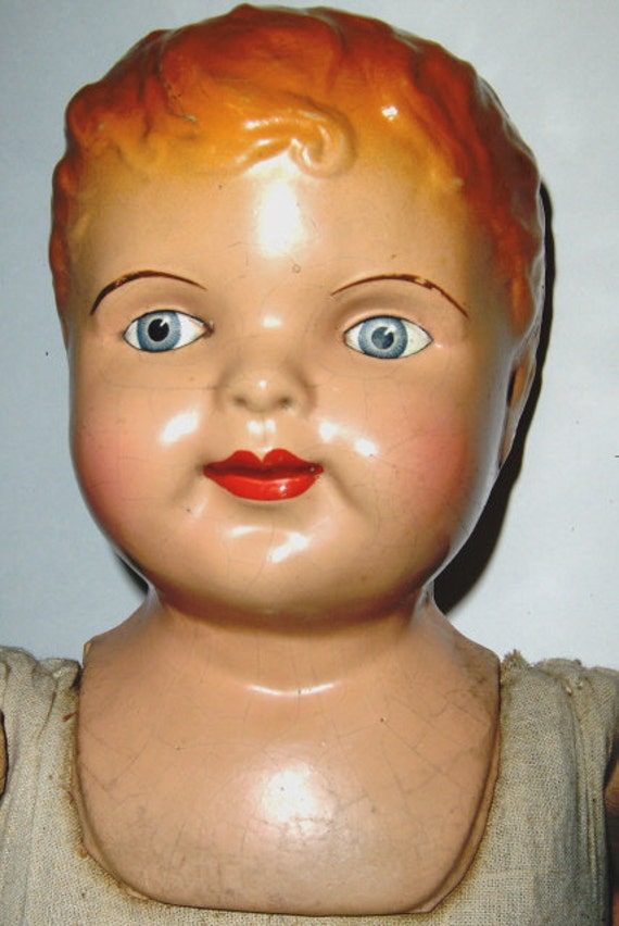 Antique Am Doll Co Composition Doll Blue Eyes Red Hair Large 25" Straw Stuffed