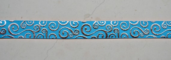 Elegant silver foil swirls on turquoise 7/8" grosgrain ribbon Il_570xn