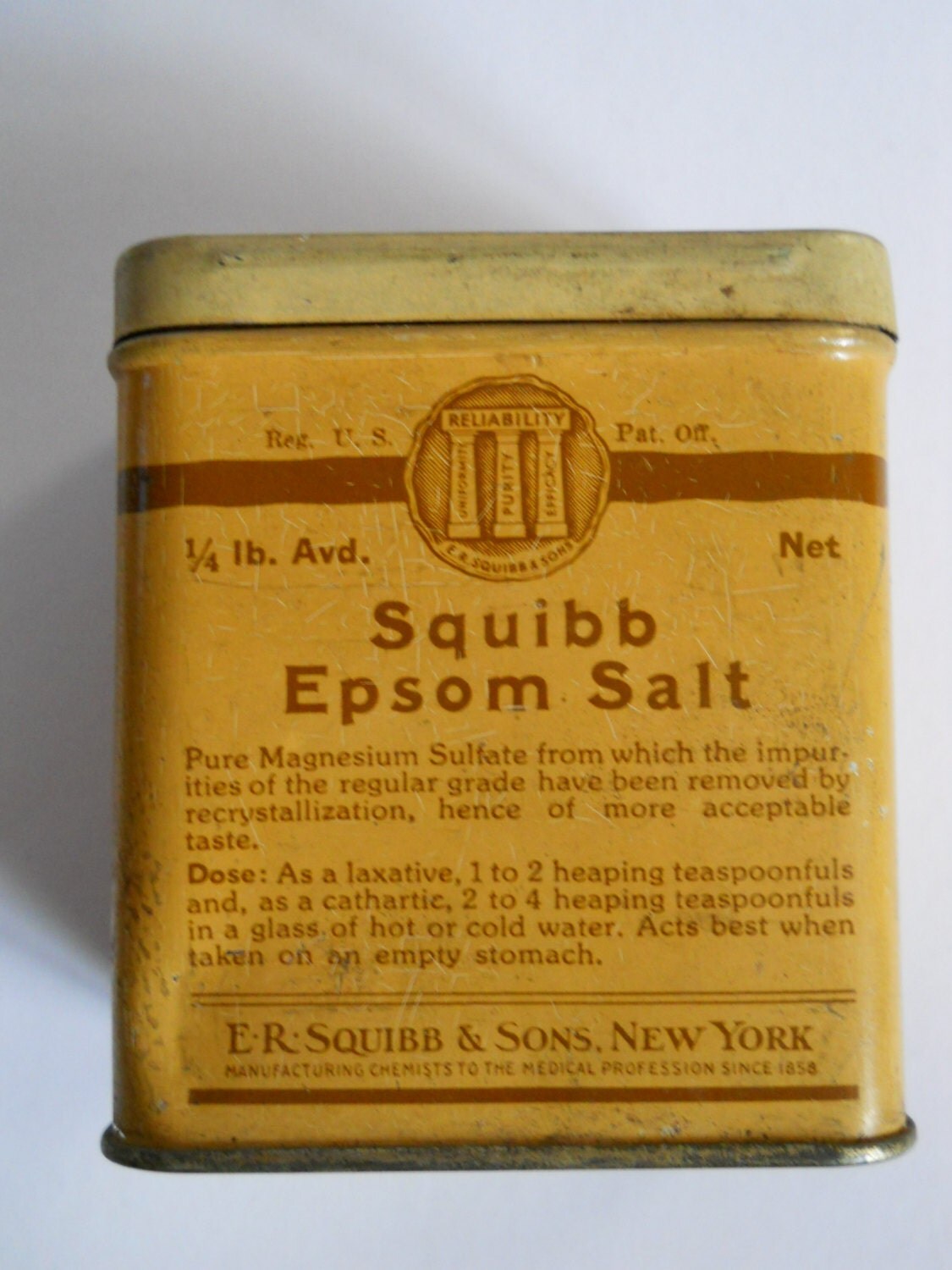 Vintage Medicine Tin Epsom Salt Container Squibb Drug