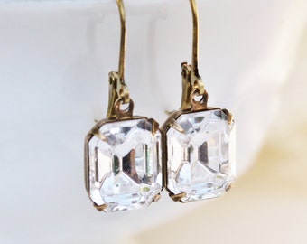 Vintage Crystal Clear Swarovski Rhinestone Earrings,Everyday Glamour,Emerald Cut Dangle,Bridal Earrings,Vintage Glass,Antique Brass