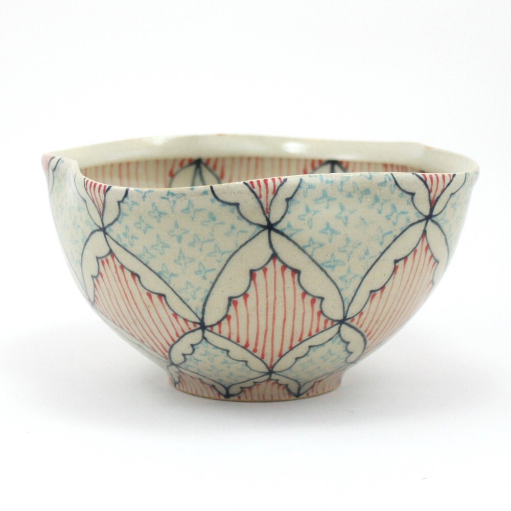 Ceramic Bowl with Navy Blue Turquoise and Red Pattern