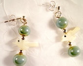 White birds and green ceramic beaded earrings