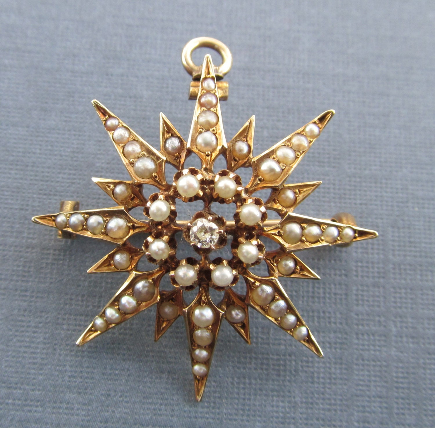 Victorian Star Brooch Pin 14 Karat Gold Seed Pearls Diamond