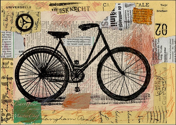 PRINT ART canvas Autographed vintage Assemblage Illustration Abstract BIKE Gift Mixed media collage  Painting  Bicycle By M. E.Ologeanu