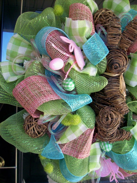 Pastel Easter Wreath with a Wicker Bunny