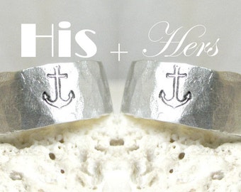 Anchor Wedding Ring Set, Anchor Wedding Band Set, Anchor Promise Ring Set, Sterling Silver