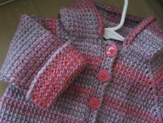 Crochet Rose Pink Varigated Baby Girl Sweater with Hood.  6-12 Months in Tunisian Crochet - Handmade