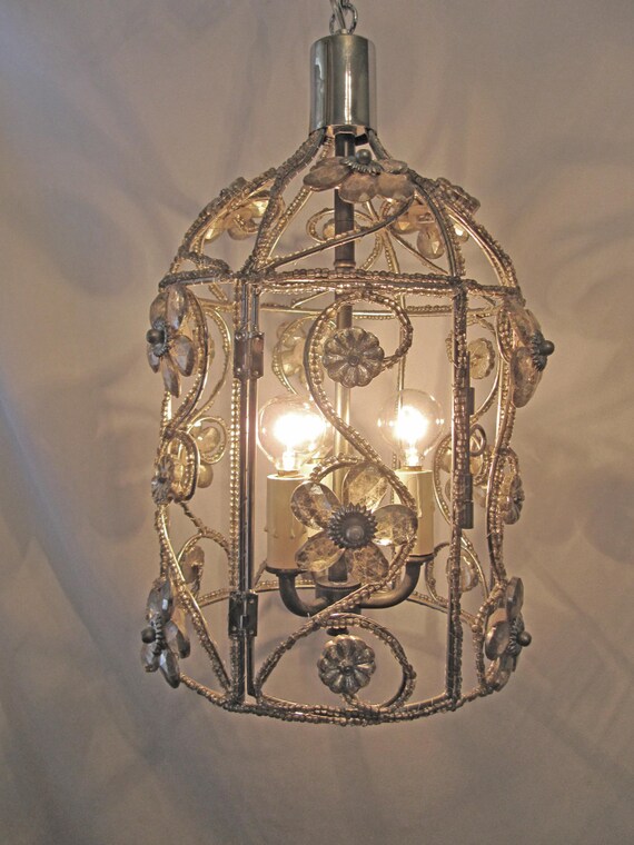 Chandelier Bird Cage Fixture Custom Repurposed 3 Lights Nickel Chandelier Bird Cage Fixture Custom Repurposed 3 Lights Nickel Crystals Beads Stones Pendant