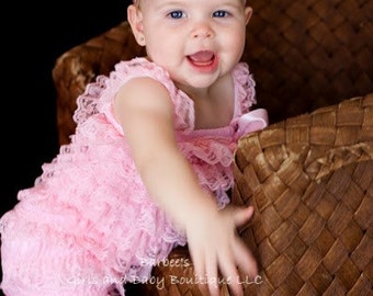 Pink or Hot Pink Ruffled lace petti romper / bloomer with matching headband. Sizes for ages newborn to 3 years. More Colors available
