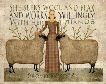 Primitive folk Art, Wool and Flax Art, 8.5x11, download, print