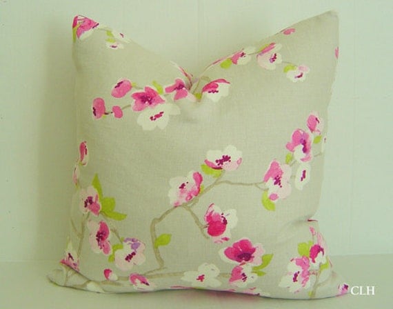 100% LINEN / Cherry Blossom Pillow Cover / 20" x 20" / Soft Grey, Bright Fuschia / Decorative Pillow / Designer Fabric