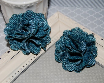 Flax Fabric Flowers - Still Blue linen Burlap fabric flowers (2 pcs) - use for headbands - hair hat shoe clips rustic vintage decorations