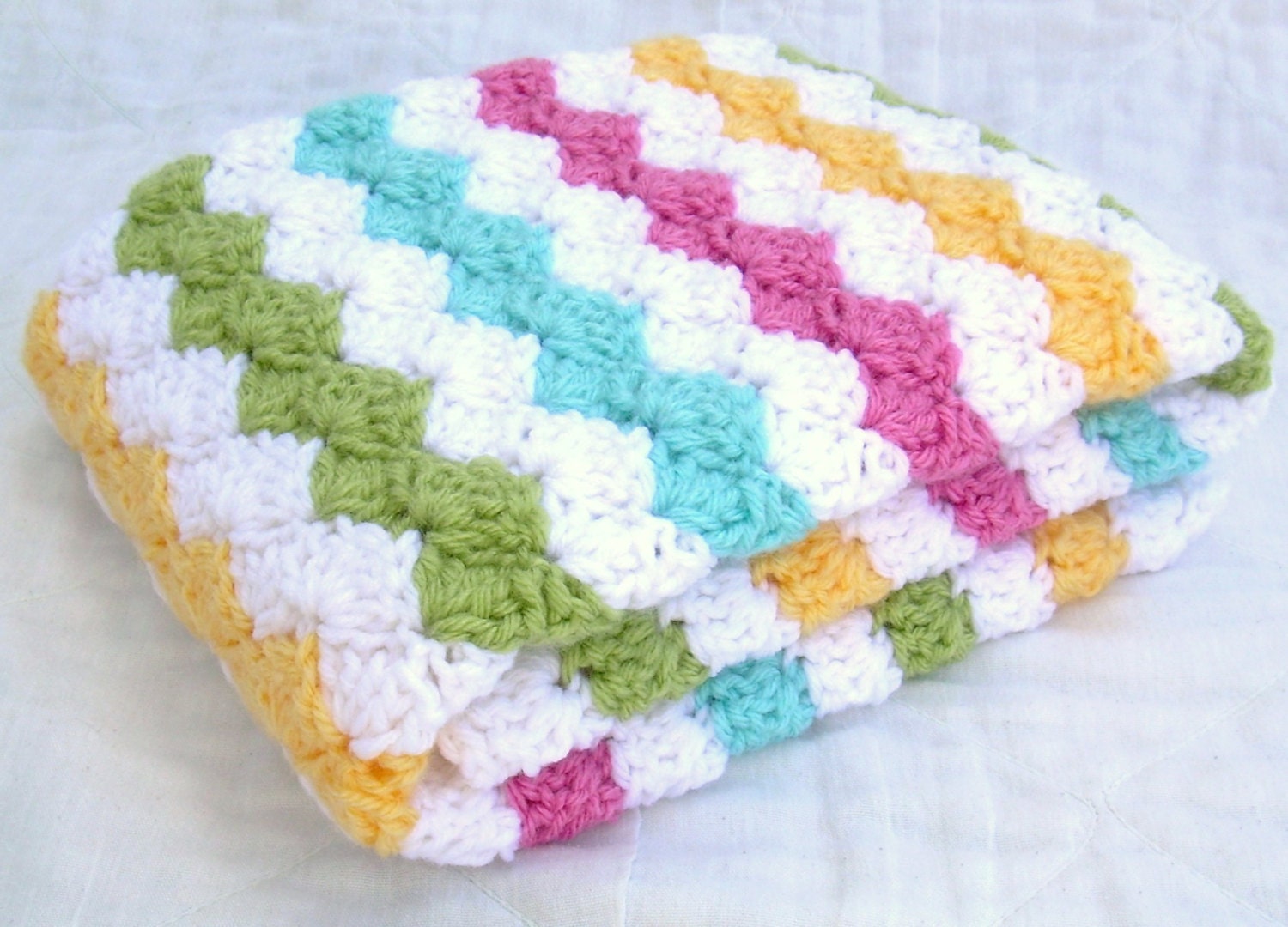 Crochet Baby Blanket Carnival White Pink Sweet Pea Green