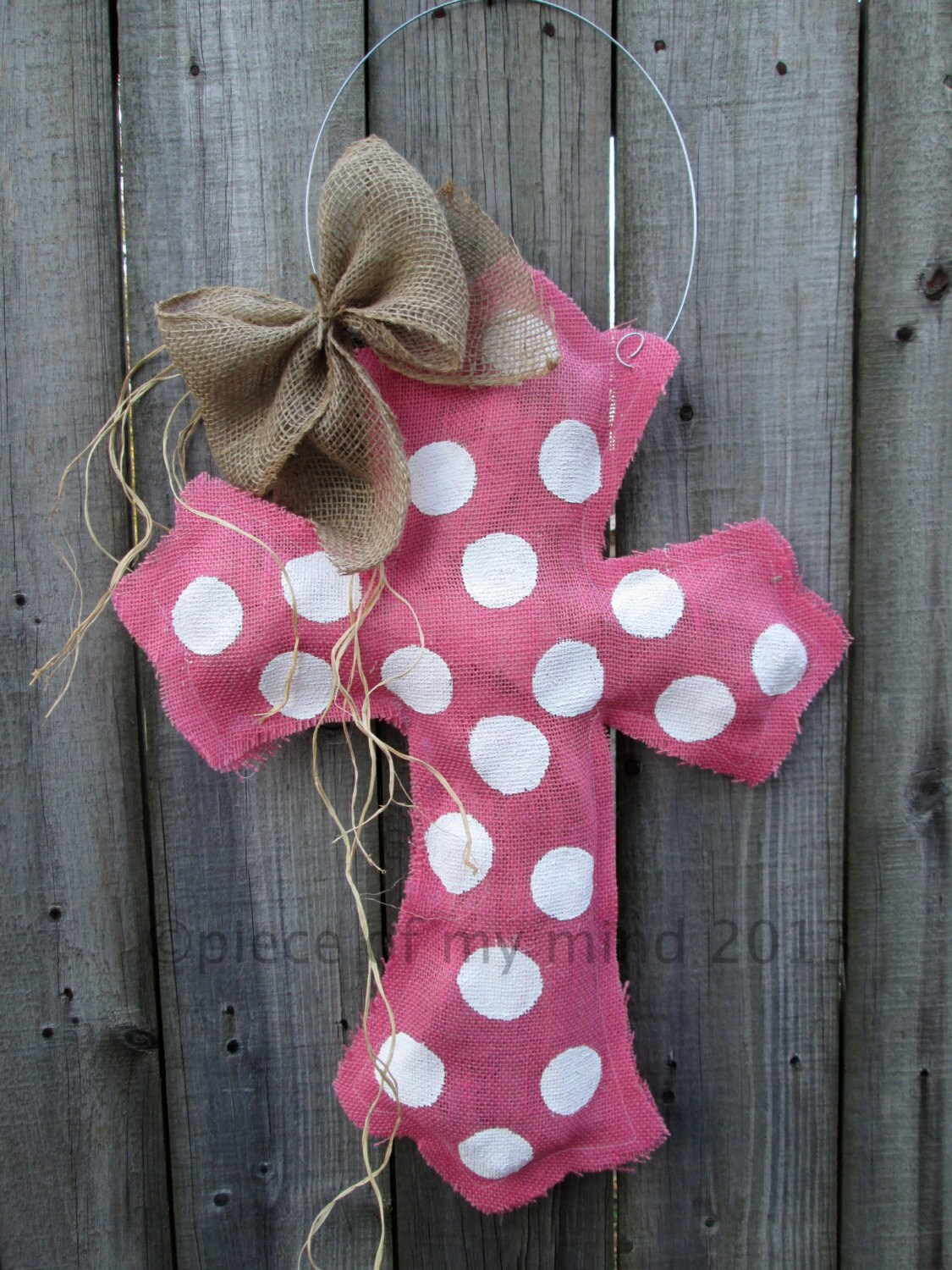 Burlap Cross Burlap Door Hanger Bright Pink with white Polka