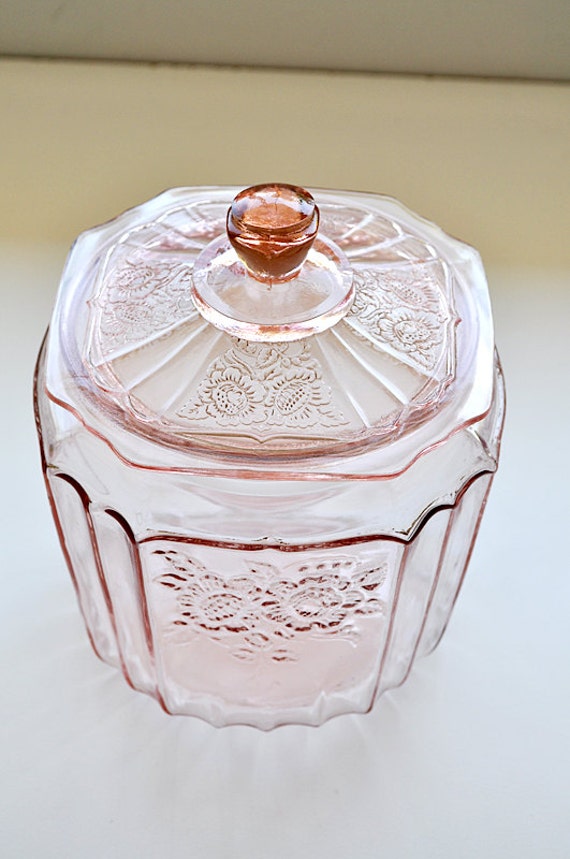 Pink Depression Glass Cookie Jar Open Rose