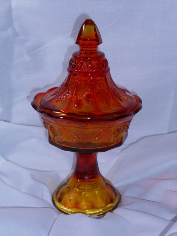 Download Amberina orange glass-Pedestal dish w lid sunset color cottage