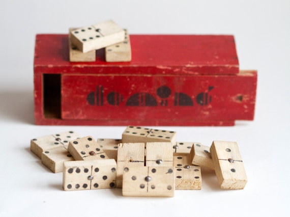 Antique red box of dominoes from Mean Glean