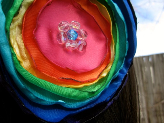 SALE - Large Rainbow Satin Flower Hair Clip with Beaded Center SALE - Large Rainbow Satin Flower Hair Clip with Beaded Center