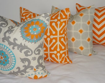 Pillow Set of 4 Turquoise Blue Grey Orange Ikat Geometric Pillow Cover ...