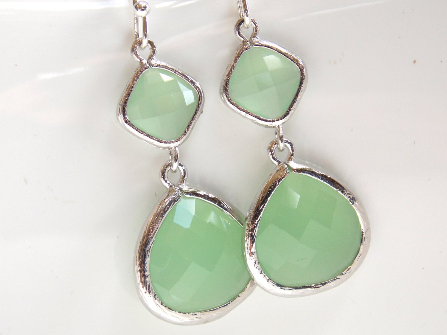 Silver Green Mint Earrings Light Green Earrings Silver