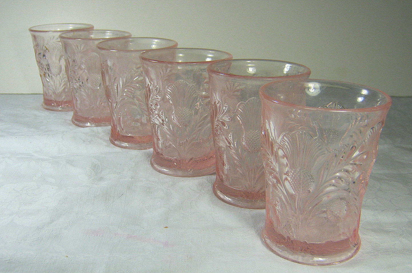 Vintage Pink Glasses Mosser Inverted Thistle Pattern Set 6