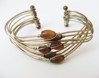 Vintage Boho Chic Silvertone and Earthy Brown Bead Adjustible Bracelet